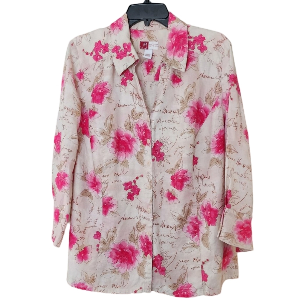 JM Collection 100% Linen Floral Blouse Women's Plus 18W